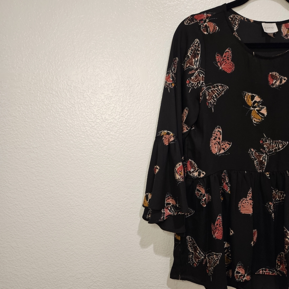 Cupio Butterfly Flutter Ruffle Peplum Top Black and Pinks Size Medium - Picture 5 of 5